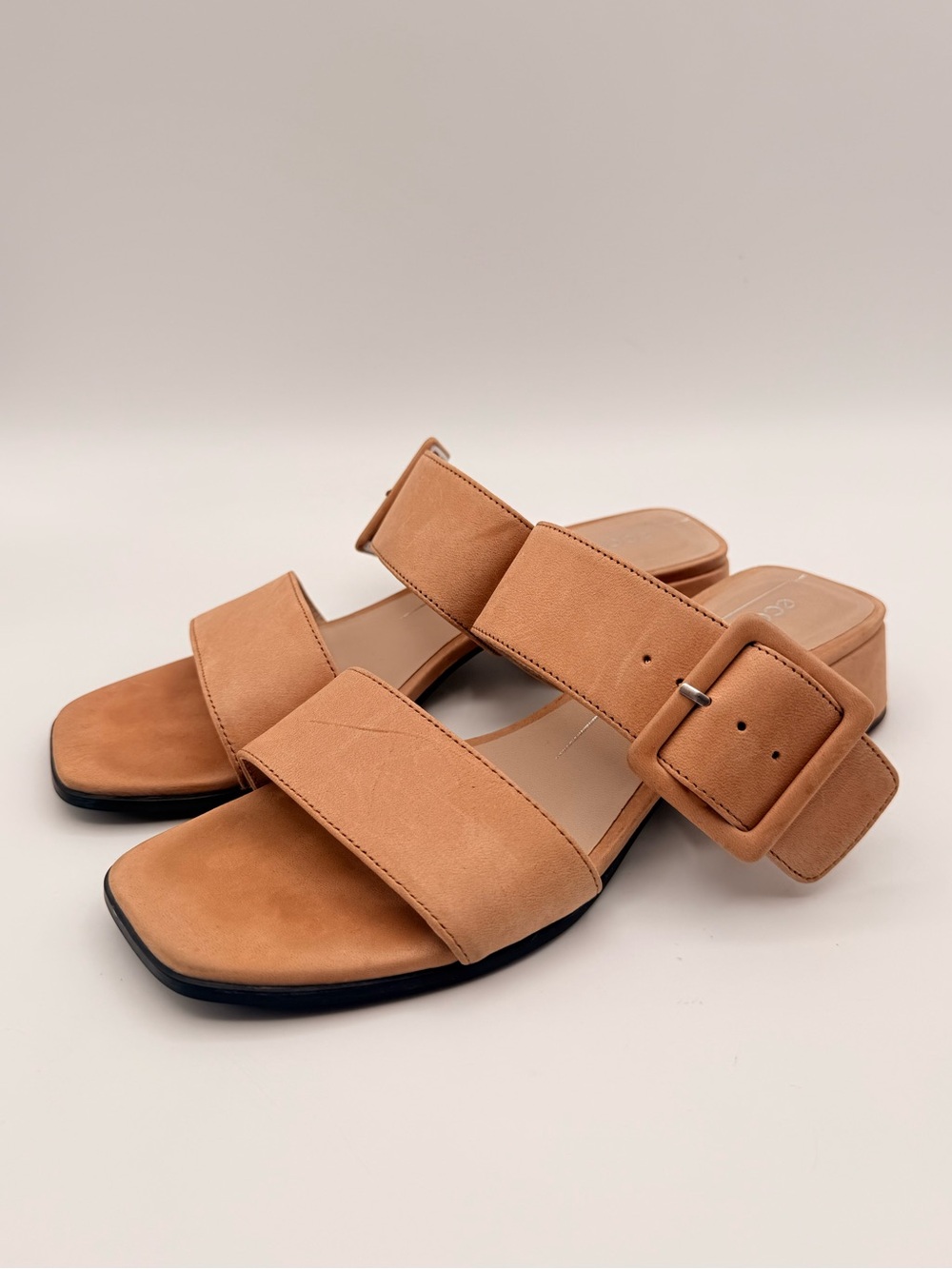 ECCO Suede Buckle Slide Sandals Block Heel Nude Pink Women’s EU 37 | US 6-6.5